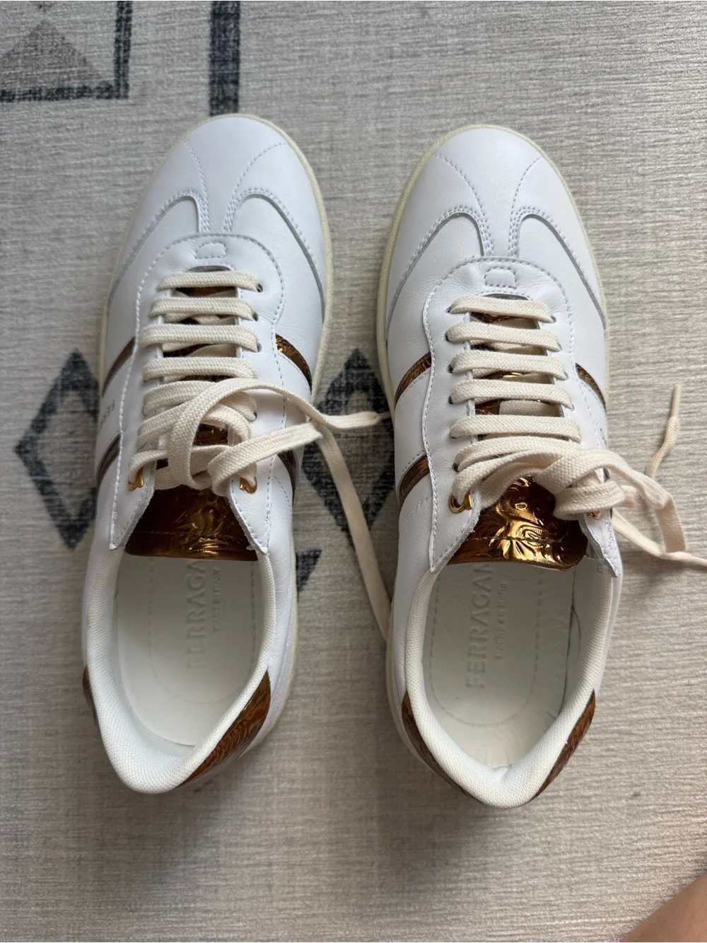 Salvatore Ferragamo Achille 2 White Gold Leather Sneakers Size 6 M NEW